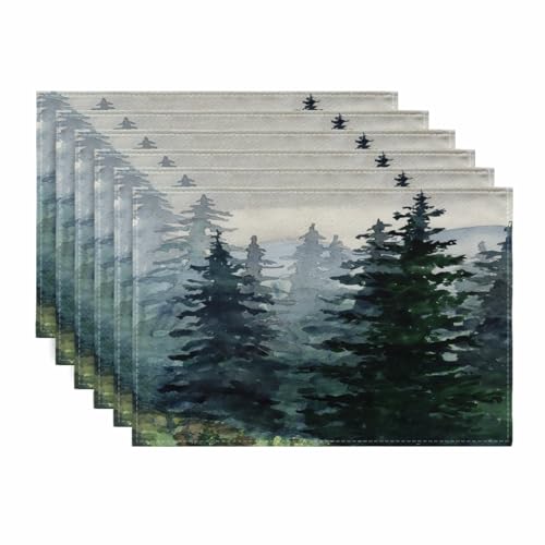 Ansouyi Placemats Set of 6, Green Watercolor Landscape Pine Forest Washable Heat Resistant Linen Table Mats, Kitchen Decor Non-Slip Place Mats for Party Dining, 12x18 Inch - color: Pine Forest