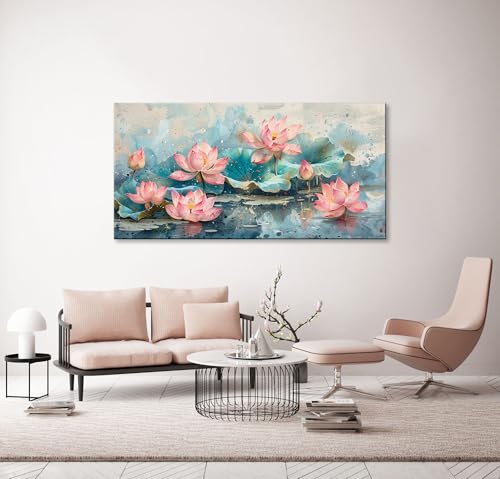 NAN Wind 1Pcs Pink Lotus Flowers Canvas Prints Wall Art Green Leaves and Blooming Water Lilies Framed Wall Decor Ready to Hang Nature-Inspired Floral Decorative Art for Living Room Bedroom Office - color: Pink Lotus-One Piece, size: 32"L x 16"W