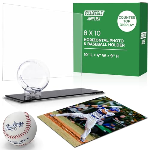Baseball Holder with Picture Frame – Acrylic Baseball Card Display Case for 8x10 Horizontal Photo, Clear Ball Stand and Photo Frame Display for Counter or Shelf, Single Ball Memorabilia Case