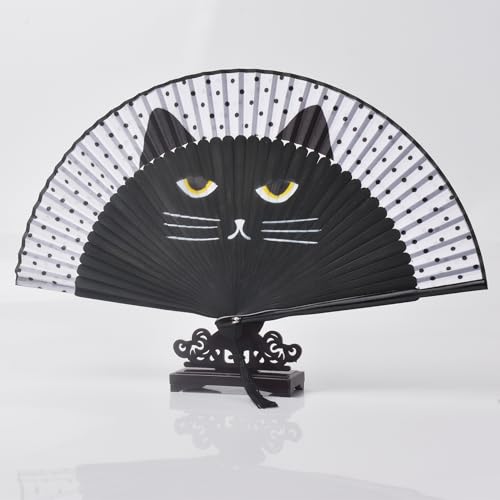 8.27" Hand Held Bamboo Silk Folding Fan, Foldable Small Hand Fan,Chinese/Japanese Charming Elegant Vintage Retro Style,Women Ladys Girls Best Gifts (Black cat) - color: Black cat