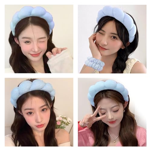 Spa Headbands for Washing Face Wristband Set Sponge Makeup Skincare Headband Wrist Towels Bubble Soft Terry Towel Cloth Hairband for Women Puffy Headwear Non Slip Thick Thin Hair Headwear (Blue) - color: Blue