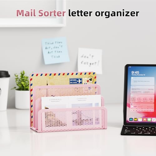 Marbrasse Mail Organizer for Desk, 3-Slot Mesh Metal Mail Holder countertop, Letter Holder, Office Desktop Envelope and Document Storage Rack (Pink) - color: Pink