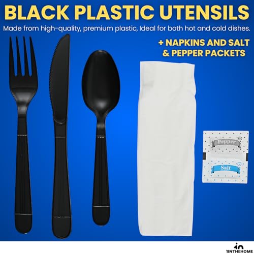 Cutlery Set Disposable Packet, Plastic Individually Wrapped Utensils Set – Knife, Fork, Teaspoon, Napkin, Salt & Pepper for (Parties, Dinners, Catering Services, Takeout) Black, 50 Pack