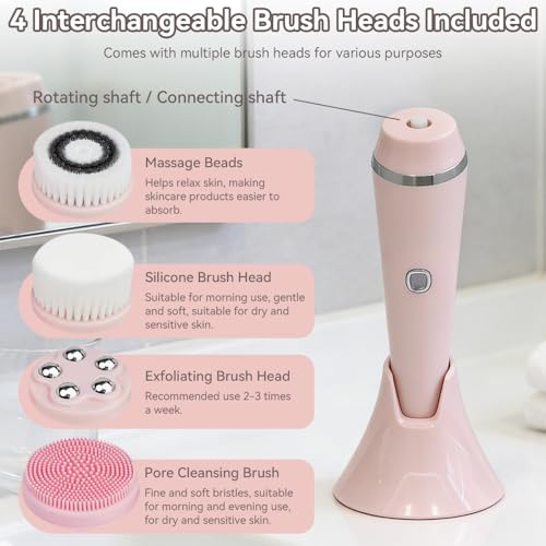 Facial Brush, 3 Speeds Adjustable Facial Cleansing Brush with Base, Waterproof & Rechargeable Face Scrubber Exfoliator with 4 Brush Heads for Women, Pink