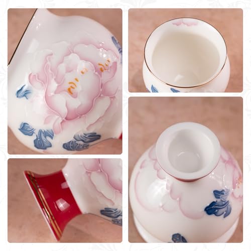 KAMMAK Red Makeup and Youth - Big-bellied, high-footed Cup,Tea Cup 3.2oz Small Tea Cups Set of 2, Red Porcelain Tea Cup Set,Asian Ceramic Teacups for Home, Party, Office - style: 711N Belly