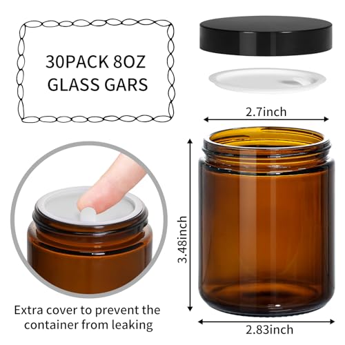 KEYWING 8oz Amber Glass Jars with Black Lids, 30 Pack Cosmetic Containers - color: Amber, size: 8oz-30Pack