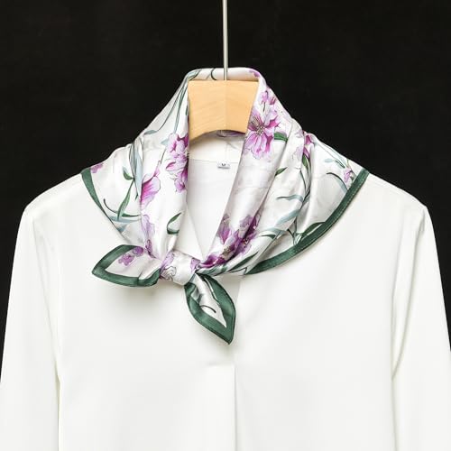 100% Mulberry Silk Scarf - 21" Square Lightweight Neckerchief, Gift Packed - color: Purple-flowers
