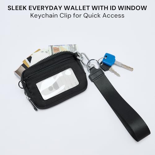 Wristlet Wallet for Women with Clear ID Window, Zip Coin Purse and Keychain - color: Black