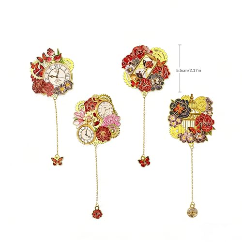 4 PCS Vintage Metal Bookmarks, Steampunk Book Mark with Clock&Flower Pendant for Book Lovers, Students, Teachers, Writers - Unique Reading Gift for Birthday, Graduation, Christmas - style: 4Pcs Rose Time