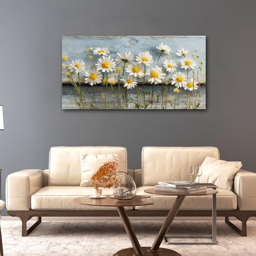 KZKU Rustic Floral Canvas Prints Wall Art Large Daisy Print on Weathered Blue Wood Background- Modern Farmhouse Decor for Living Room Bedroom 24X48in - color: blue-1, size: 48"L x 24"W