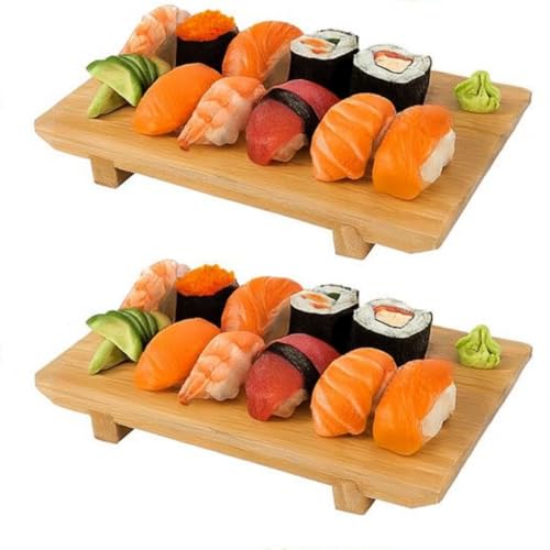 Bamboo Sushi Plate Japanese Style Sushi Serving Tray, Wooden Sushi Board & Sashimi Platter – Natural Eco-Friendly Bamboo Tableware for Sushi Rolls, Nigiri & Appetizers (9.45" × 5.91", Count, 2) - size: 9.45" × 5.91"