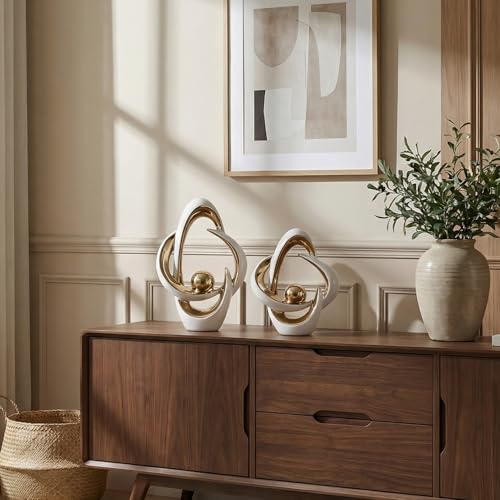 2 Pcs Ceramic Statues Home Decor Modern Aesthetic Abstract Art - color: White and Gold