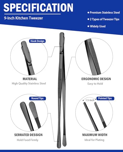 JETKONG 2 Pcs 9-Inch Food Tweezer Tongs, Stainless Steel Kitchen Tweezer Cooking Tweezers (Black) - color: Black, size: 9+9 Inch
