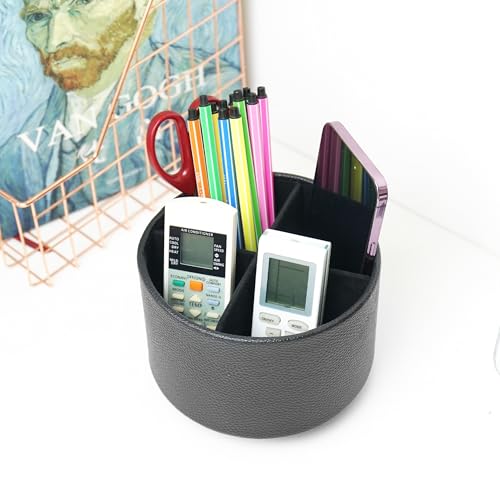 Round Leather Art Supply Organizer,Remote Control Holder,360 Degree Spinning,Multi-Functional Pencil Holder,4 Compartments Desktop Stationary Organizer(1-Lichee Black) - color: 1-Lichee Black