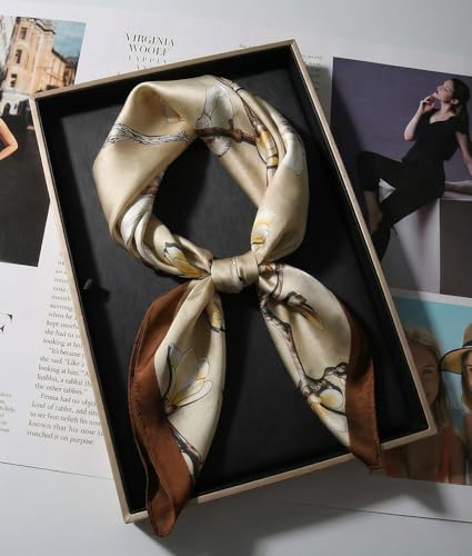 corciova Women’s Square Scarf 27.5 in (70 x 70 cm), Satin-Feel Polyester, Lightweight Fashion Scarf for Hair, Neck and Bag - color: Floral Magnolia (Beige / Brown Floral)