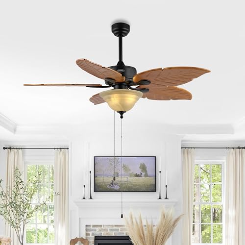 JONATHAN Y Poinciana 52" Coastal 3-Light Palm Leaf Ceiling Fan, Brown - color: Light Brown