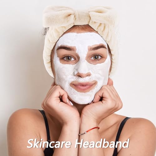 VELSCRUN Spa Headbands for Wash Face, Makeup Headband, Facial Skincare Headbands, 5 Pcs Khaki Puffy Sponge Spa Headband Bow Tie Hair Band Hair Clips Wristband Set Women Girls Accessories - color: Khaki