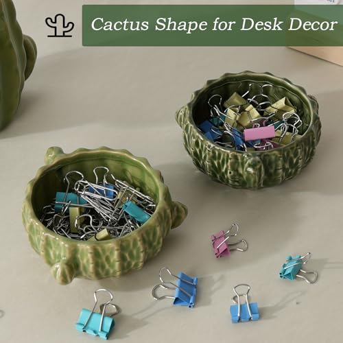 2 Pack Cactus Ceramic Paper Cilp Holder, Western Office Desk Decor - color: Cactus Green