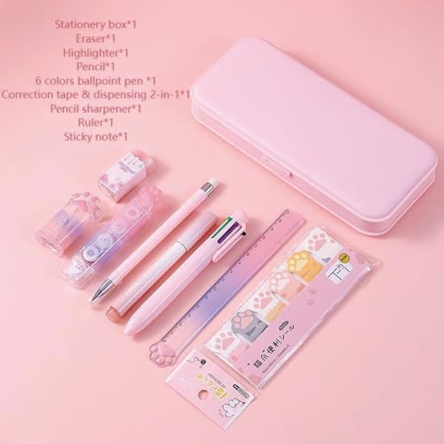 MOZXIRZ 9 Pcs Cute Pink Stationery Set for Girls Boys Kids Women Back to School Supplies Office Supplies Cartoon Cat Paw Stationery Set Aesthetic Kawaii Stationery Gift (Pink) - color: Pink