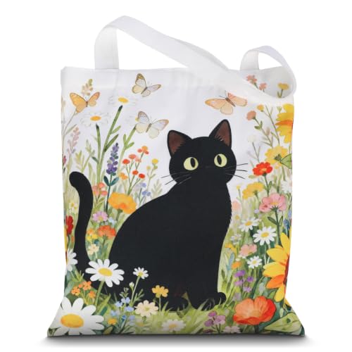 Canvas Tote Bag,Aesthetic Tote Bag,Cute Totebag with Buckle & Pocket,Reusable Canvas Bags,Cat Dogs Gifts for Grocery - color: Small Cat