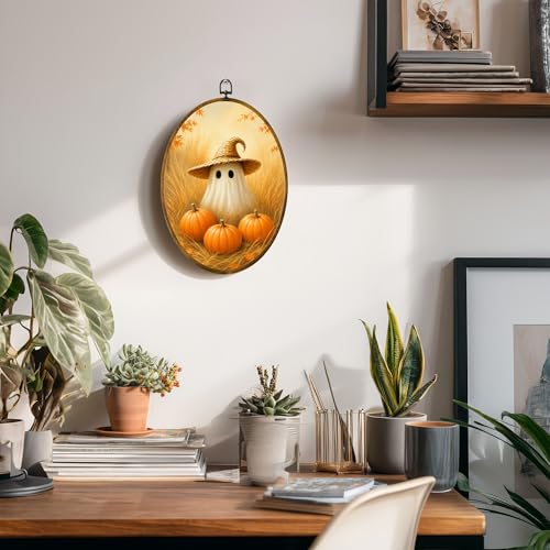 Straw Hat Ghost Oval Wall Art, Framed Canvas Decor, 8.5x11.5 Inch - color: Straw Hat Ghost Pumpkin Grass