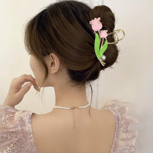 1 Pack Flower Claw Clips for Women Girls, Large Nonslip Pink Tulip Design Hair Clips,Strong Hold Neutral Metal Hair Claw Clips for Thick Thin Long Hair, Spring Summer Flower Hair Styling Accessories - color: Pink Tulip