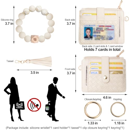 COOLANS Silicone Bracelet Wristlet Wallet Credit Card Holder RFID ID Window Key Ring Tassel Slim Wallet Women Keychain Purse - color: Beige