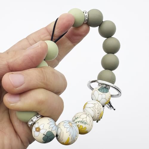 Unpafcxddyig Silicone Bead Keychain Bracelet Wristlet Key Ring - color: Army Green Flower
