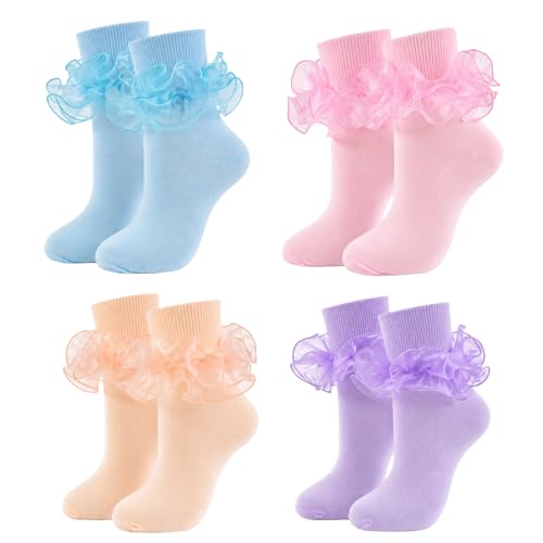 Big Ruffle Socks Women(Size 5-11) Turn Cuff Cotton Lace Frilly Socks - color: Blue,purple,pink,beige, size: 5-9