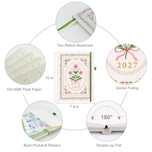 &And Per Se 2027 Planner, 12-Month Monthly & Weekly, 2027 Calendar Planner with 100gsm Paper, B5 Hardcover Faux Leather, 7.5" x 10" (Ribbon Bloom) - color: Ribbon Bloom, size: 7.5" x 10"(Jan 2027-Dec 2027)