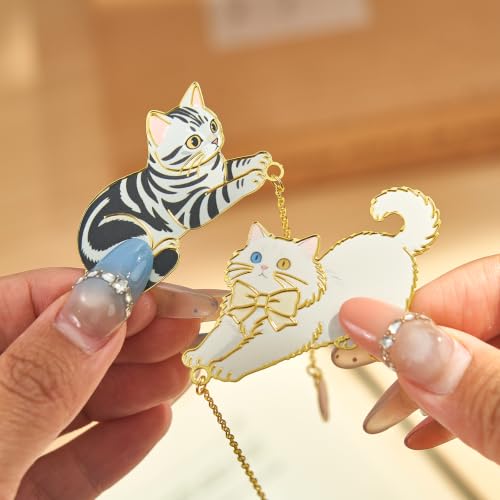 4 Pcs Cute Metal Cat Bookmarks with Chain Yarn Ball Charms for Book Lovers - color: Cat