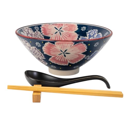 Urban Tokyo 24oz Large Ceramic Ramen Bowl Set with Chopsticks, Spoon & Bamboo Rest – Oriental Japanese Design, Microwave & Dishwasher Safe, Flower Design - color: Pink and Green