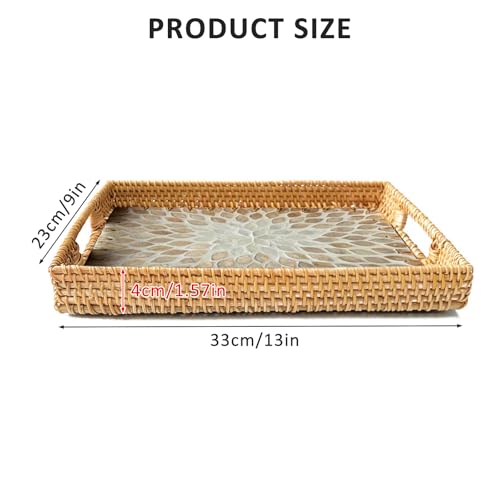 Handmade Mother of Pearl Rattan Serving Tray with Handles 13" x 9" Natural Shell Mosaic Pattern Ottoman Tray for Storage and Display of Coffee Bread Food Fruit (Gold Leaf) - color: Gold Leaf