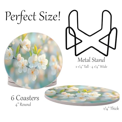 Spring Season Flowers Round Coasters Set of 6 - Abosrbent Ceramic Coasters with Metal Stand for Drinks, Coffee, Non-Slip Cork Back for Tabletop Protection, 4 Inches (Bloom) - color: Bloom