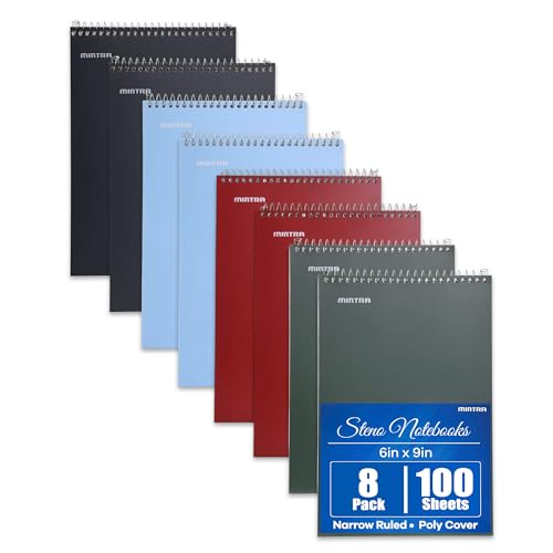 Mintra Office Steno Books Set - Top-Spiral Bound, Narrow Ruled, 100 White Tint Sheets, Poly Covered Notebooks for Office & School, Colorful Arctic Ice, Green Olive, Charcoal, Chili Oil, 6"x9", 8 Pack - color: Poly Steno 8pk (Arctic Ice, Green Olive, Charc