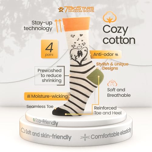 7BIGSTARS Women Cotton Crew Socks, Patterned 4 Pack, M 5-9 - L 8-12 - color: 18 - Black, Grey, Green, Orange, Cream (A60), size: 8-12