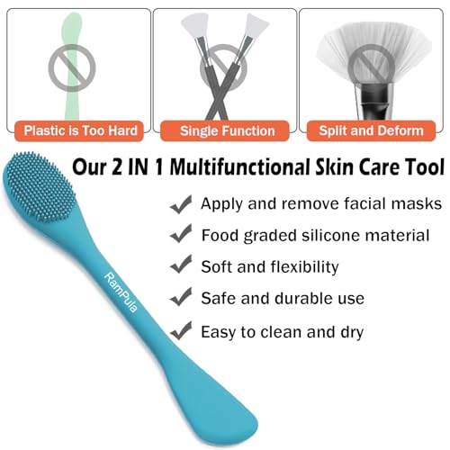 RamPula Pore Brush & Face Mask Applicator, Lymphatic Drainage Brush | Face Scrubber, Silicone Jelly Brush for Deep Pore Cleansing, Face Brush for Lymphatic Drainage Massager, Applicator for Mud, Clay - color: Blue and Bean Paste Pink