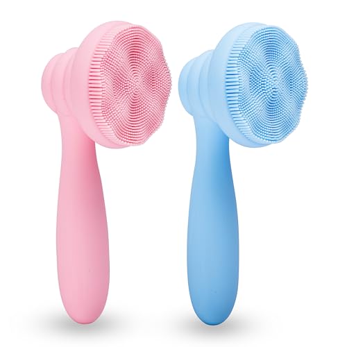 MtBoi 2 PC Silicone Facial Cleansing Brush Facial Scrubber Manual Exfoliating Facial Brush Face Cleanser Face Exfoliator Ultrafine Bristles for Sensitive Skin Easy to Clean Lather Well (Pink&Blue) - color: Pink&blue