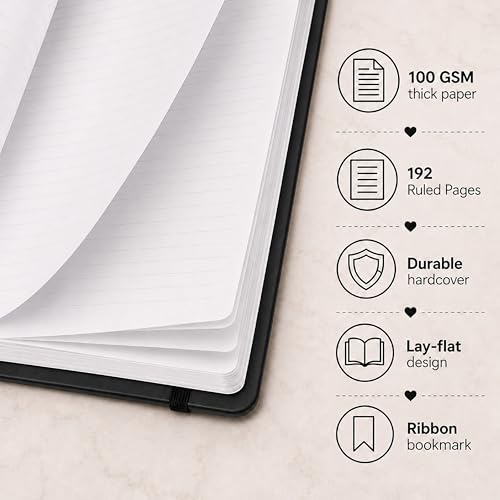 Eccolo Cool Jazz Hardbound Writing Journal, 192-Page Lined Paper, Lay-Flat - color: Black, size: Large - (7.25-x-9.6 Inches)