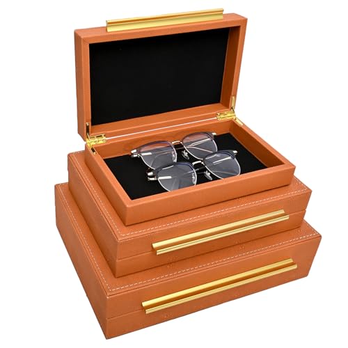 Faux Shagreen Stackable Decorative Velvet Lining Storage Boxes Set of 3 - color: Burnt Orange, size: L