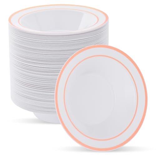 realluck 100 Pack White Disposable Soup Bowls with Rose Gold Rim - color: Rose Gold, size: 100Pack