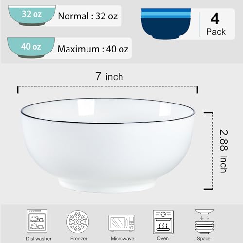 40 oz Large Soup Bowl, Pho Bowls, 7-Inch Rimmed Off-White Porcelain Bowls Set of 4 - size: 7 Inches Diameter, 40 Fluid Ounces Capacity