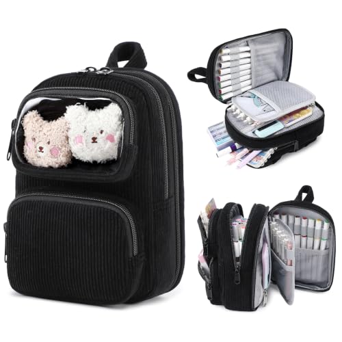 Cute Pencil Case, Soft Corduroy Pencil Pouch, Large Capacity Pencil Bag, Mini Backpack Aesthetic Pen Organizer for Stationery for Students Teen Girls Women, Black - color: Black