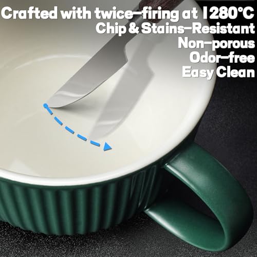 Artena 38 oz Soup Bowls with Handles, Lids, Spoons & Chopsticks – 6 Inch Large Microwave Safe Ceramic Ramen Bowls, Soup Mugs & Cereal Bowls for Instant Noodles, Oatmeal, Meal Prep (Green-Set of 2) - color: Green-Set of 2