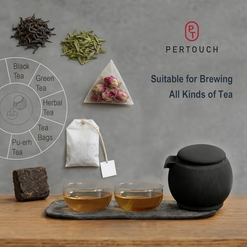 All-in-One Portable Travel Tea Kit, Ceramic Teapot with Removable Infuser, 2 High Borosilicate Glass Tea Cups, Non-Slip Silicone Sleeve & PU Leather Carry Pouch for Camping, Hiking, Office - color: Rhino Black