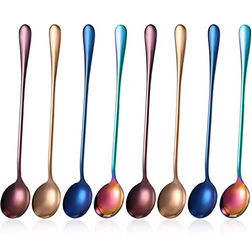 8 Pcs Long Handle Tea Spoon, Stainless Steel Mixing Spoon, Round Style - style: Round Style