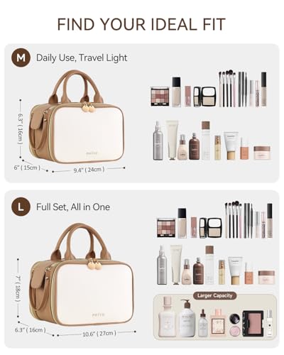 Prite Large Makeup Bag, Waterproof Travel Cosmetic Case with Brush Holder - color: Beige-Brown, size: Large