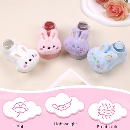 4 Pairs Baby Girl Socks with Non-Slip Grips,Cute Rabbit Low Cut Ankle Socks for Newborn Toddler Infants 0-6 Months - color: Blue Pink Purple White