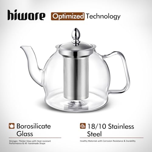 HIWARE 1500ml Glass Teapot with Removable Infuser, Stovetop Safe Tea Kettle, Blooming and Loose Leaf Tea Maker Set - size: 50 oz