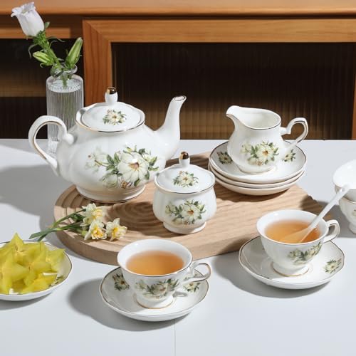 Sweejar Porcelain Tea Set Vintage Floral, British Relief Gold Rim Teapot Cup and Saucer Sets, 22-Piece Tea Sets for Adults, with Teapot, Sugar Bowl, Milk Jug, Spoons, Cup and Saucer (Camellia) - color: Camellia